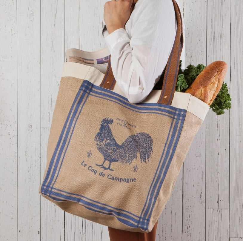 Rooster Francaise Large Burlap Shopping Bag