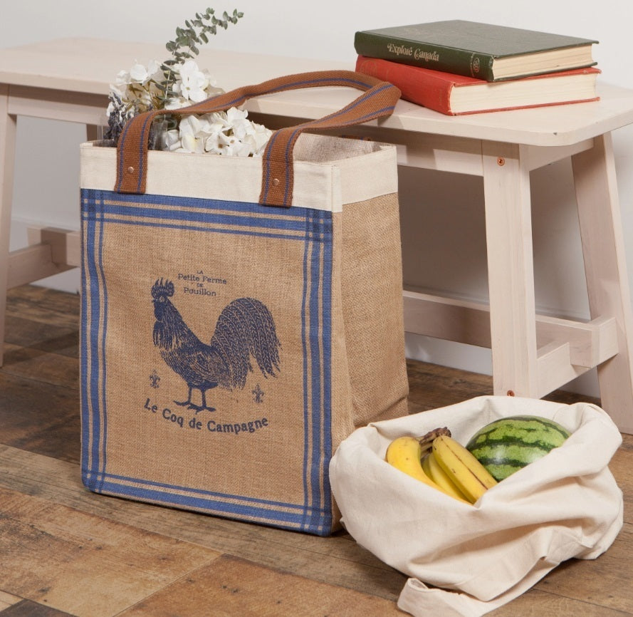Rooster Francaise Large Burlap Shopping Bag