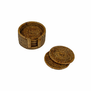 Rattan Round Coaster Set/hldr-Natur Rattan Round Coaster Set(6)/holder