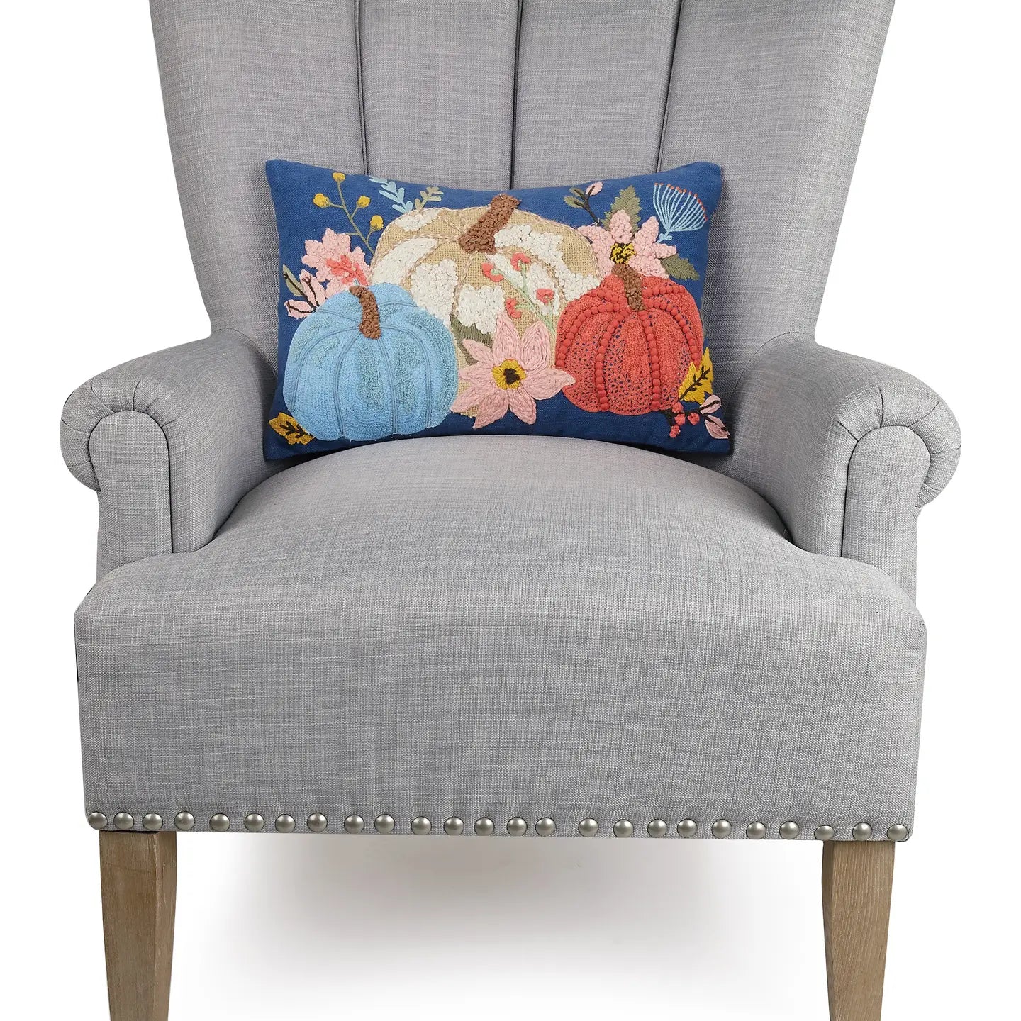 Blue Pumpkin Trio Embroidered Pillow