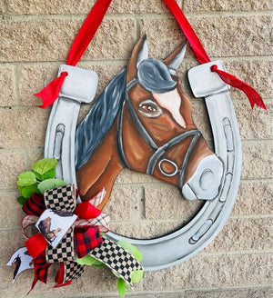 Derby Realistic Horse in Horseshoe: Silver / Printed Door Hanger