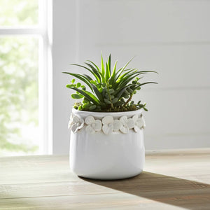 Ceramic Round Floral Applique Planter - White, 6 in.