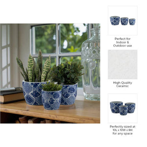 Planters Set of 3 - Blue Ceramic Vintage Style, 6/8/10 in.