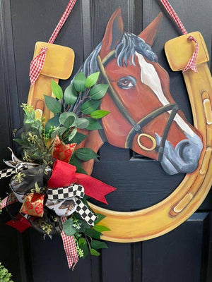 Derby Realistic Horse in Horseshoe: Silver / Printed Door Hanger