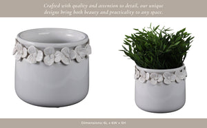 Ceramic Round Floral Applique Planter - White, 6 in.
