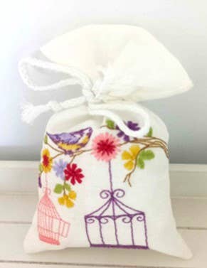 Embroidered Lavender-Filled Sachet -Bird Cages