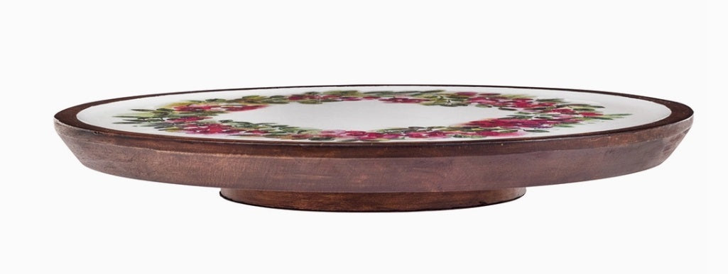 14" Cranberry Wreath Mango Wood Lazy Susan Christmas