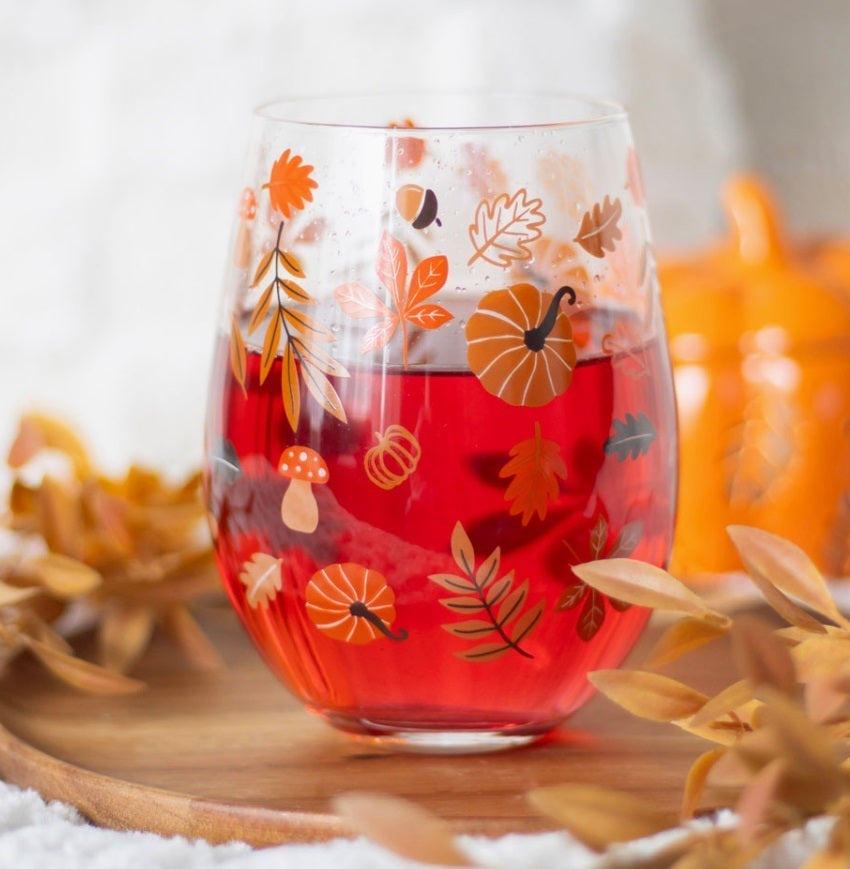 Autumn Pumpkin Leaves and Fall Pumpkin Stemless Glass