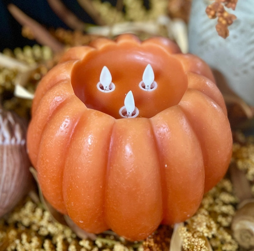 Orange Pumpkin Carved Moving Flame Led Candle 8x6in