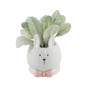 Lamb's Ear Ceramic Bunny Artificial Plant with Pink Bow