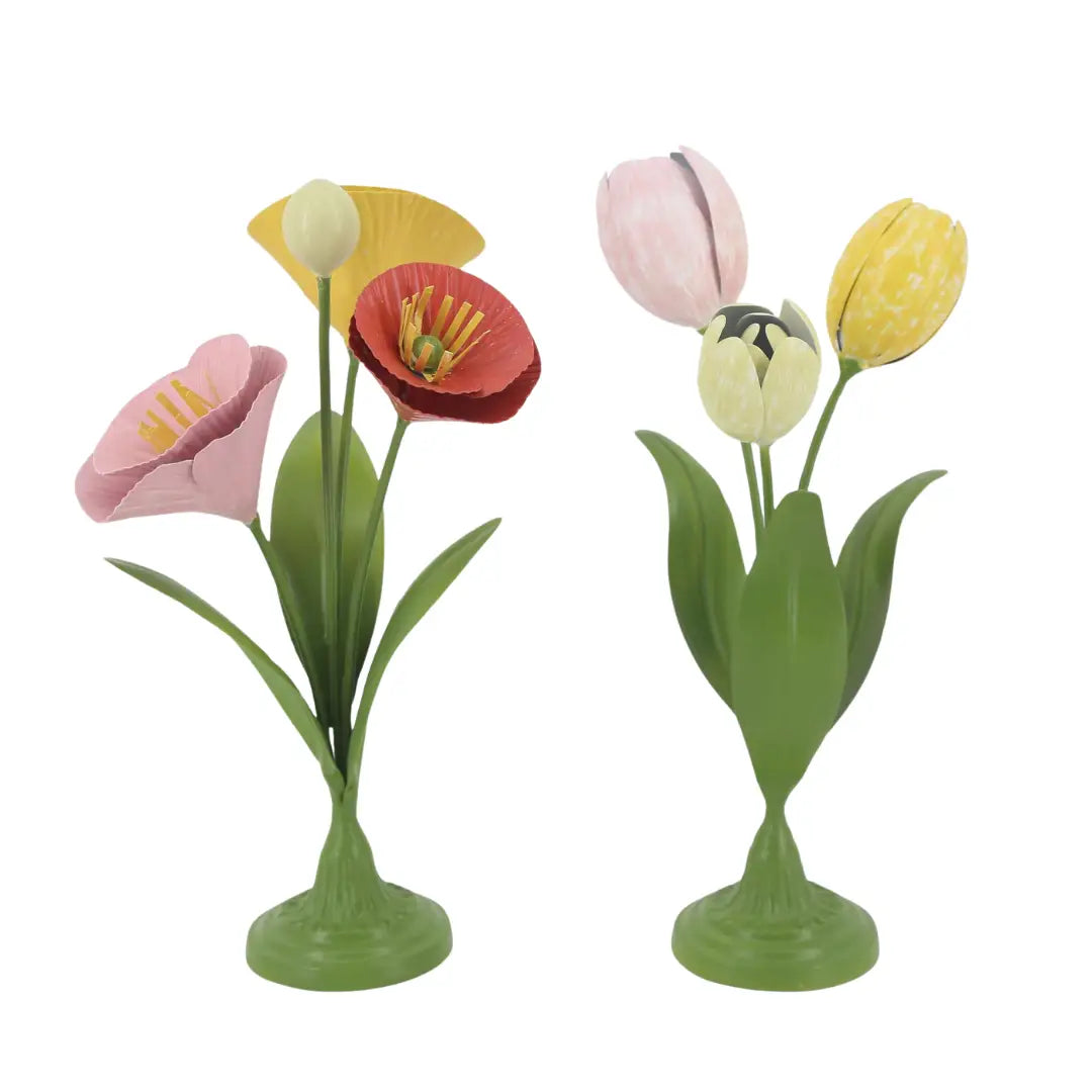 Metal Tulip Flower Figurines Set of 2 Spring Home Décor