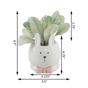 Lamb's Ear Ceramic Bunny Artificial Plant with Pink Bow