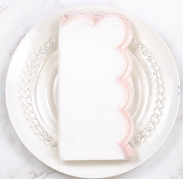 Pink Scallop White Linen Napkin set of 4