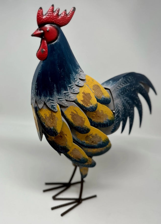 Wood Chipped Rooster red, blue, and mustard color