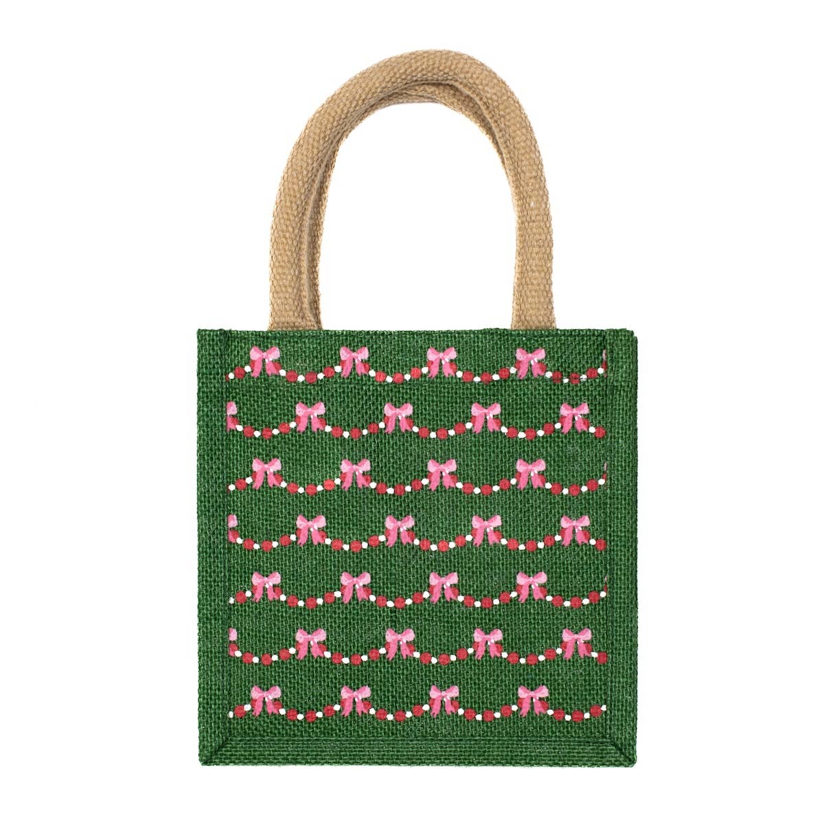 Bow Garland Petite Gift Tote   Green/Red/Pink   7x7x5