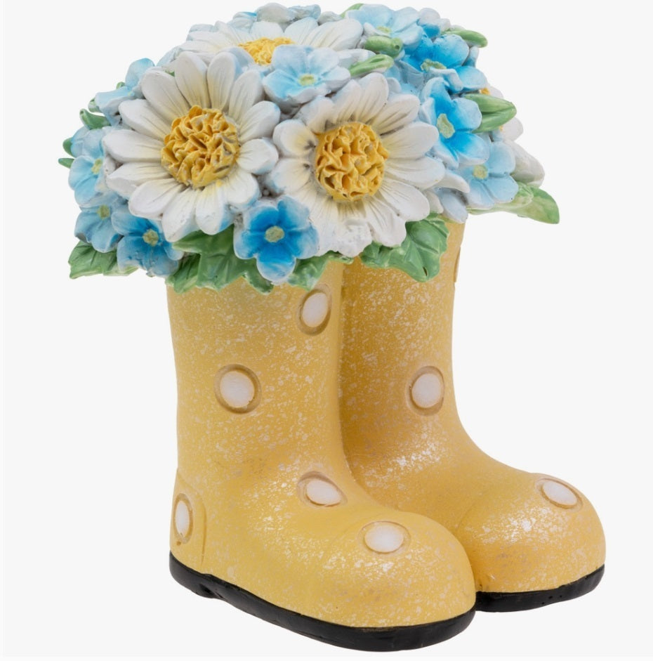 Polka Dot Yellow Boots w/Floral Bouquet