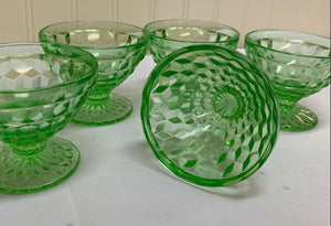 Cube Green Champagne/Tall Sherbets by Jeannette Glass. Set of 5.