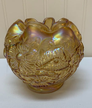 Vint Fenton Footed Irridescent Amber Embossed  Poppy Bowl Vase