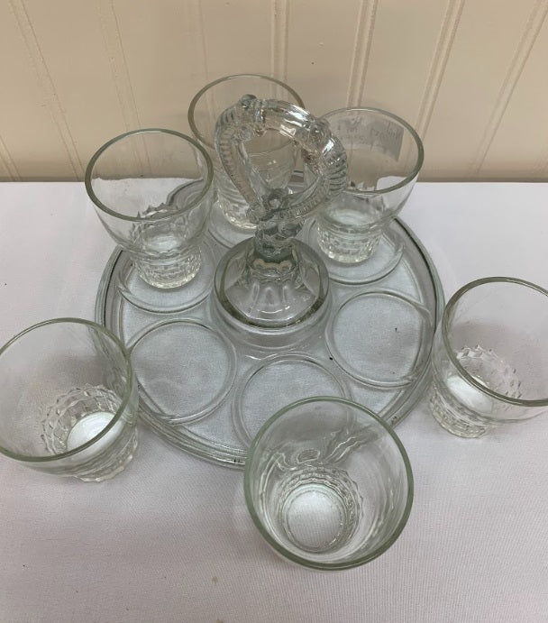 5 Small Glasses On A Glass Serving Tray With Handle