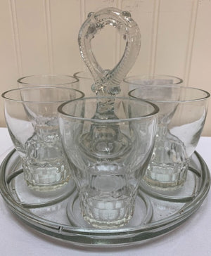 6 Small Glasses On A Glass Serving Tray With Handle